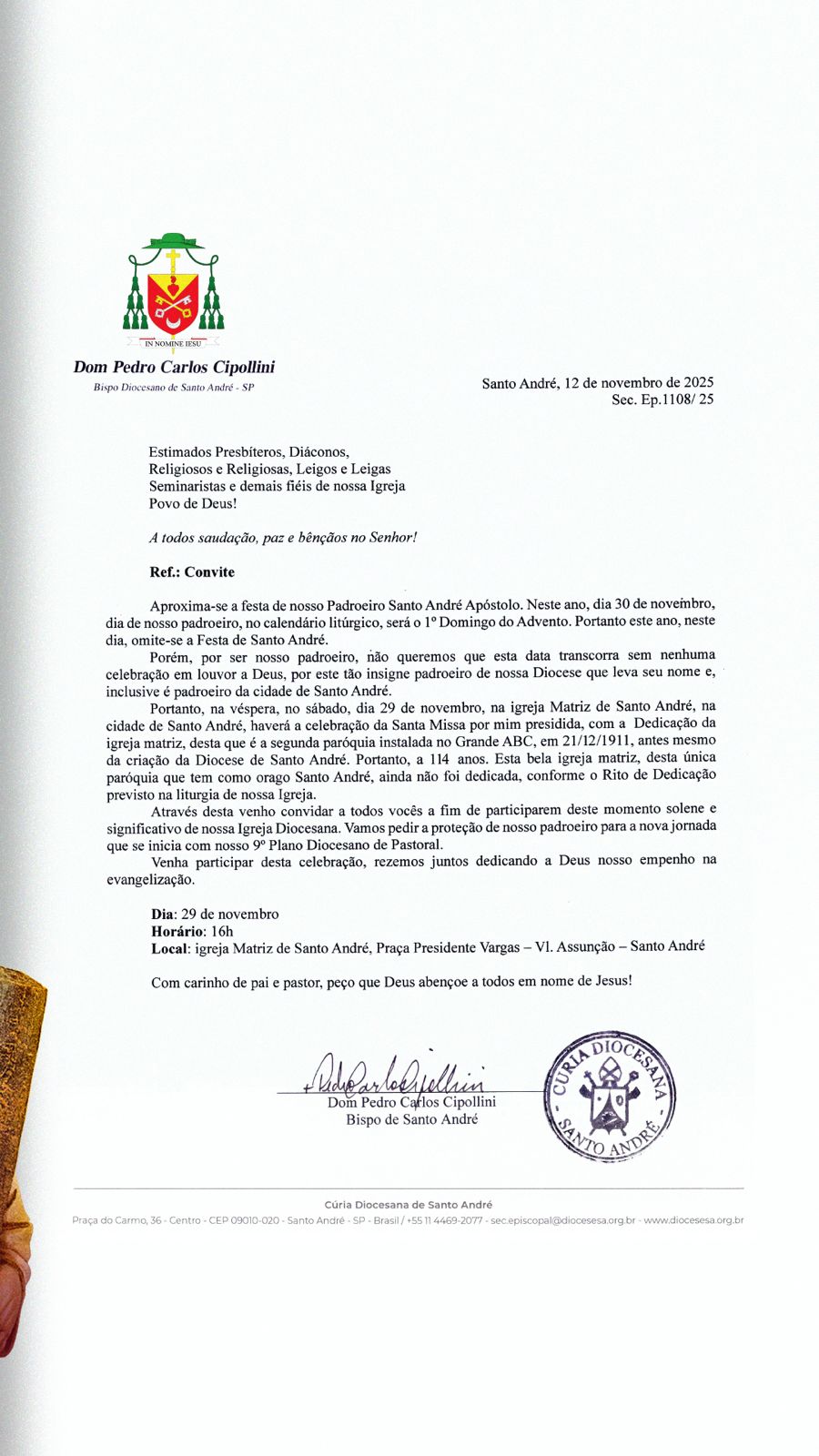 Convite do Bispo Diocesano para a Dedicação