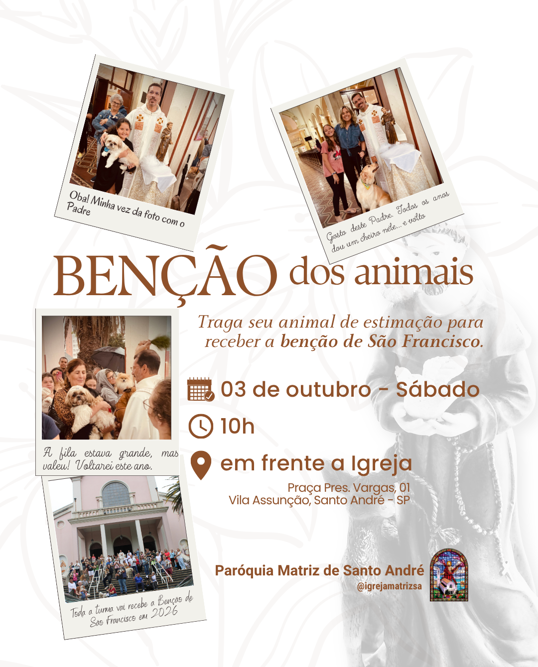 Arte de convite “Benção dos animais” com fotos de família e cães, data 03/10, local igreja.