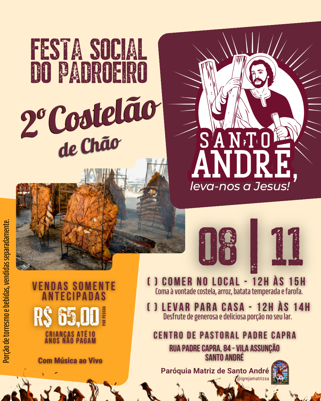 Cartaz de festa social com churrasco de chão de costela, texto “Santo André” e horários de comida e retirada.
